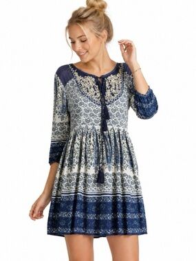 NWT - California Moonrise - Blue Floral Lace-Detail Mini Dress - Size S